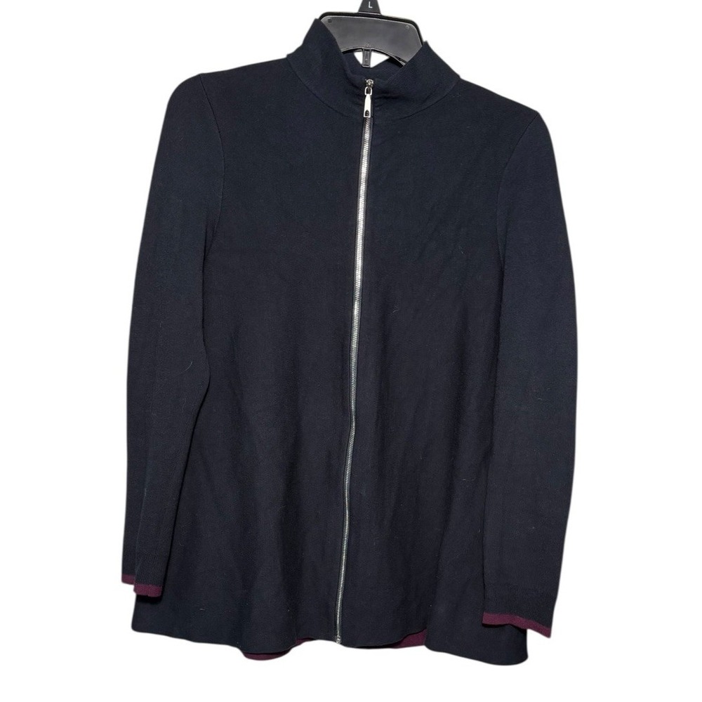 Lafayette 148 New York Full Zip Navy Sweater With Purple Trim S Luxury‎ Classic